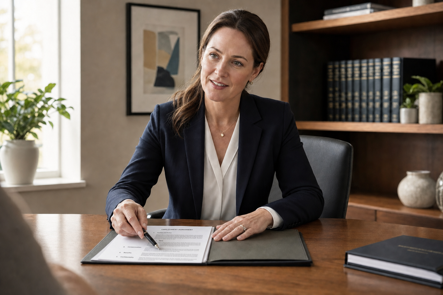 A businesswoman in a suit discusses documents in an office setting.