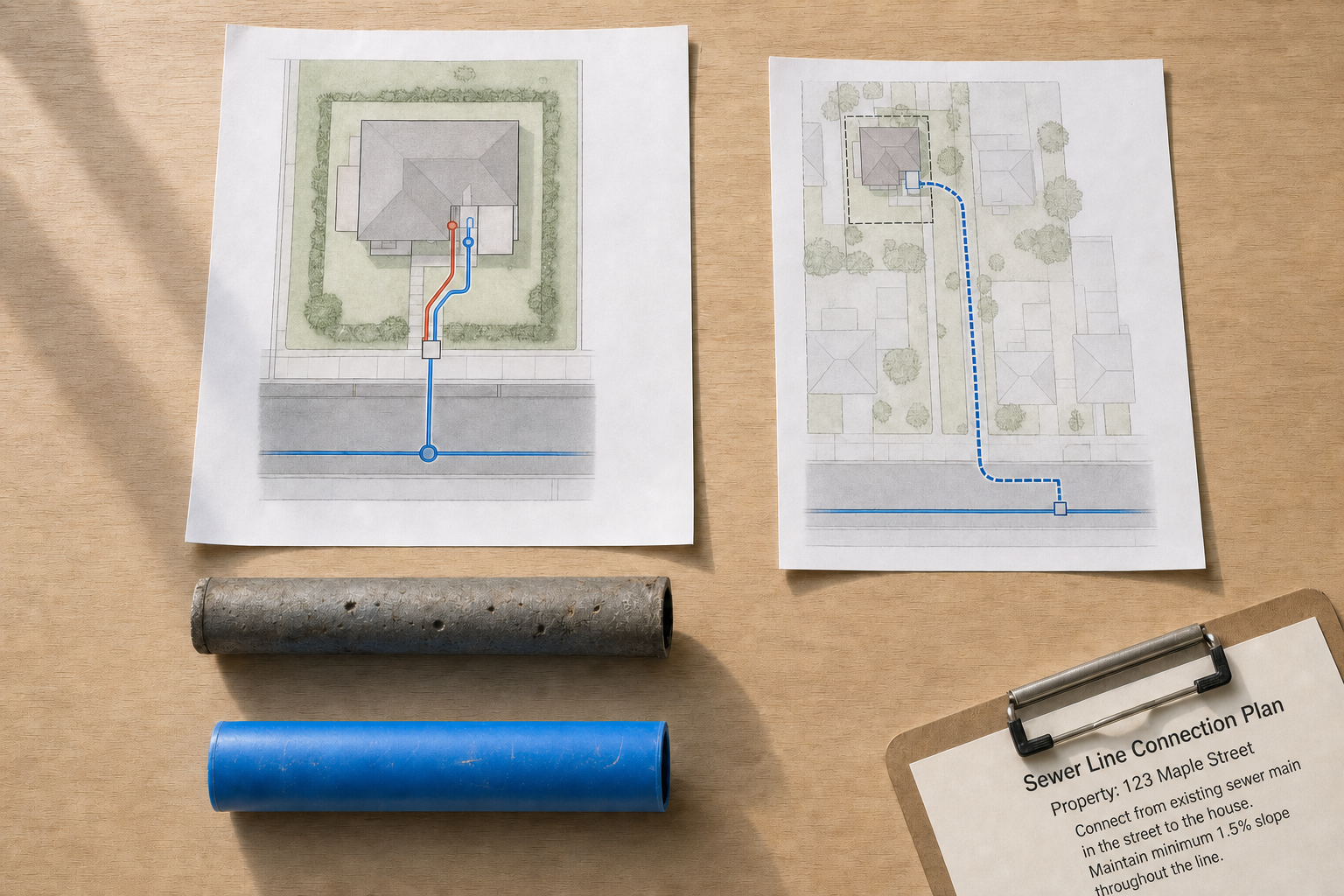 Two diagrams of a sewer line connection plan on a table with a grey pipe and a blue pipe beneath.