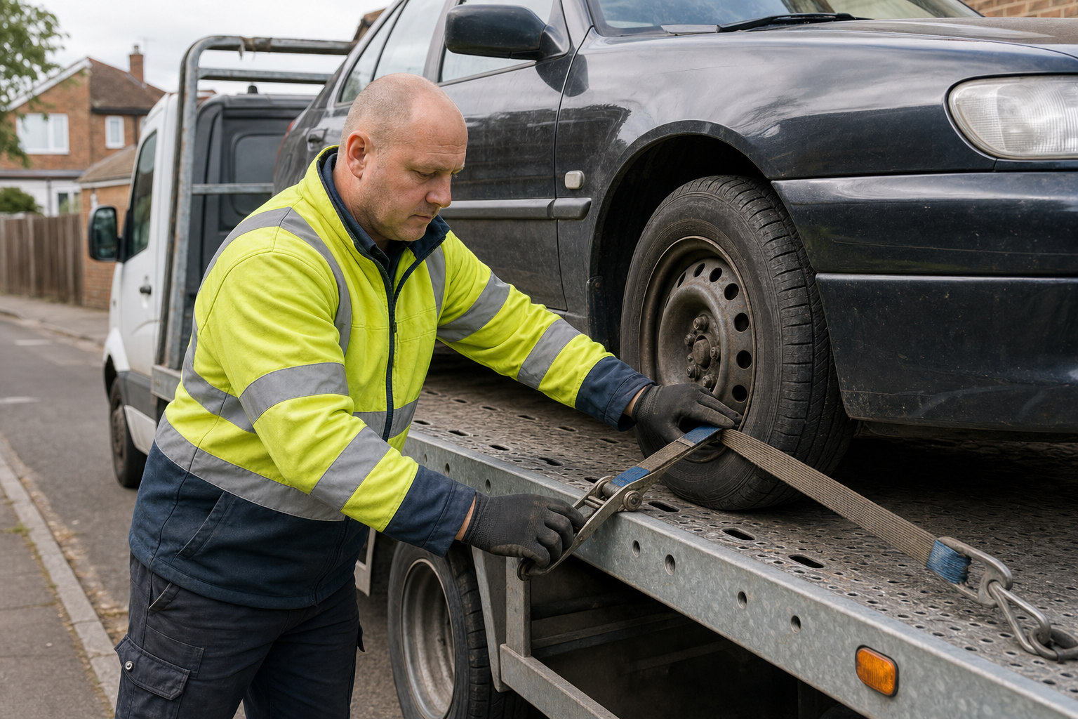 Worker in a high-visibility jacket secures a car on a tow truck with a strap.