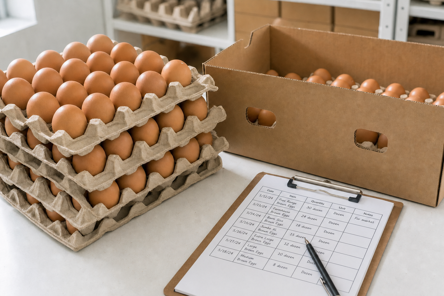 Stacks of brown eggs in cartons next to a clipboard with an inventory sheet on a table.