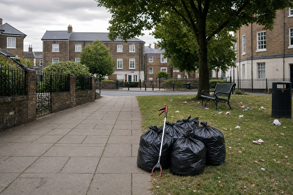 Black rubbish bags with a litter picker on grass beside a path in a residential area.