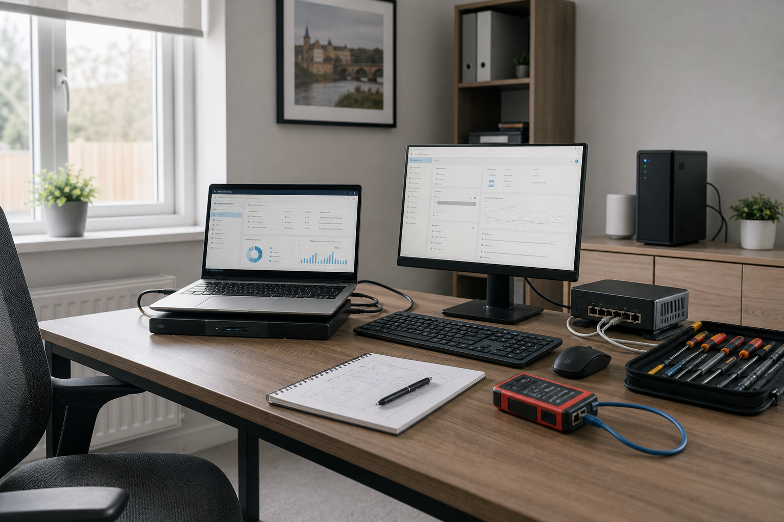 Modern home office with a laptop, monitor, networking equipment, and tools on a wooden desk.