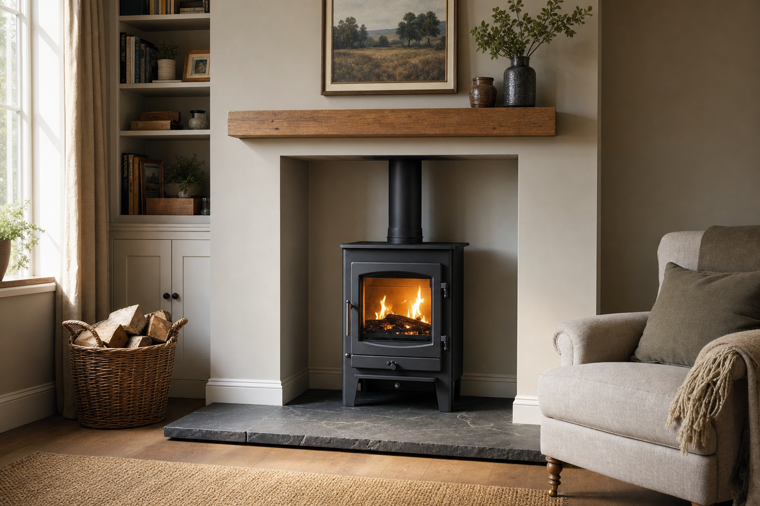 Cosy living room with a lit wood-burning stove, armchair, and basket of logs by the window.
