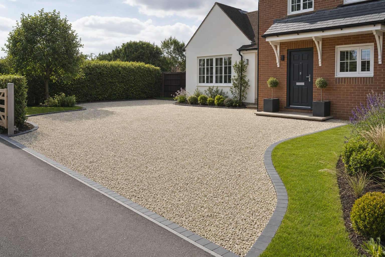 A modern house with a neatly maintained garden and a large gravel driveway under a partly cloudy sky.