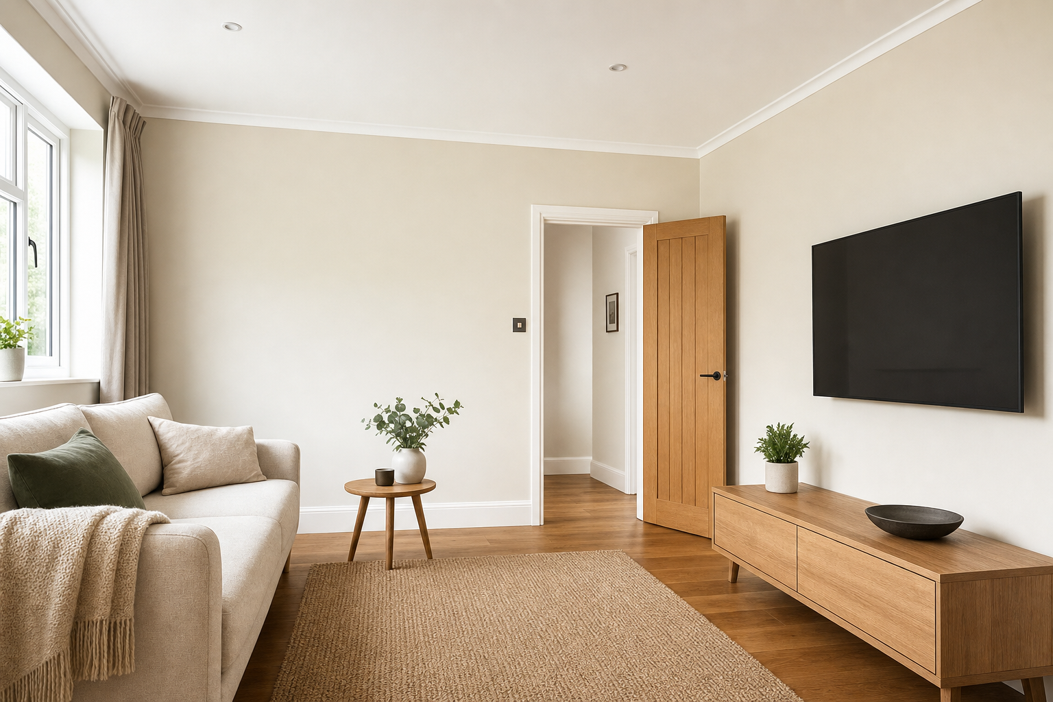 Modern living room with a beige sofa, wooden furniture, and a wall-mounted television.