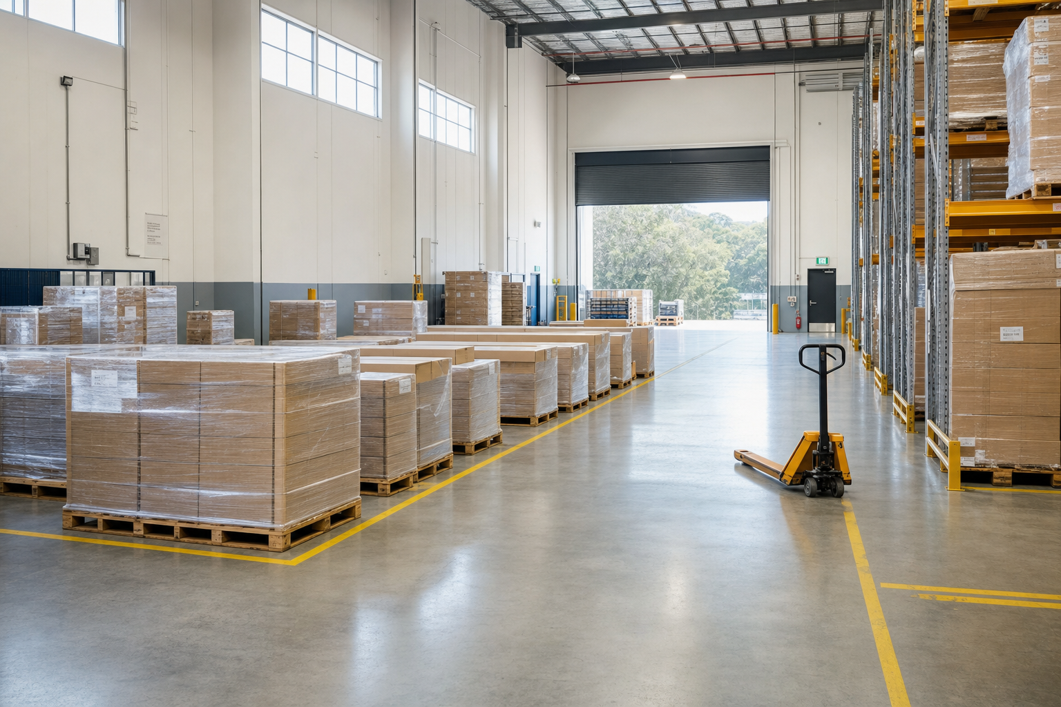 Warehouse interior with stacked pallets and a pallet jack near large open doors.