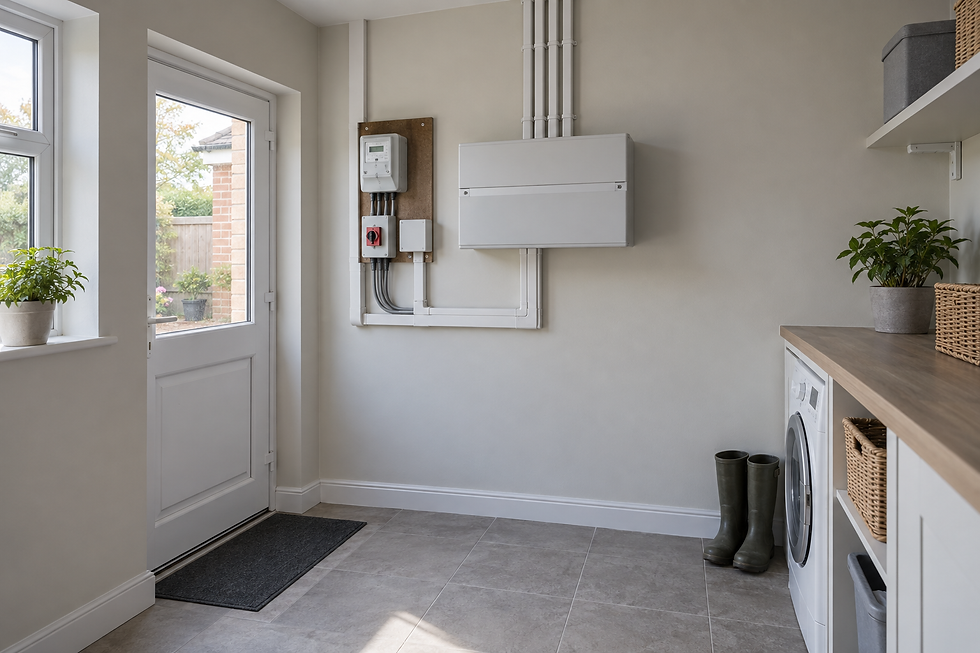 Utility room with a washing machine, wicker baskets, and plants, featuring a door and electrical panel on the wall.