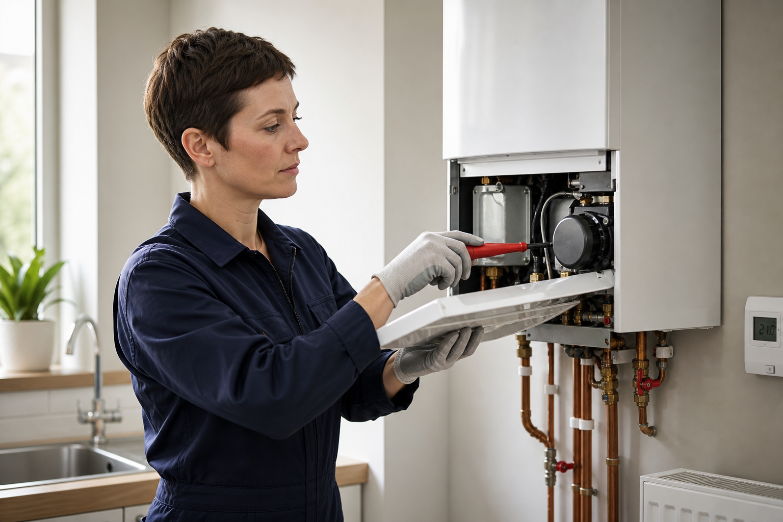 Technician in work attire repairing a wall-mounted boiler in a modern kitchen.