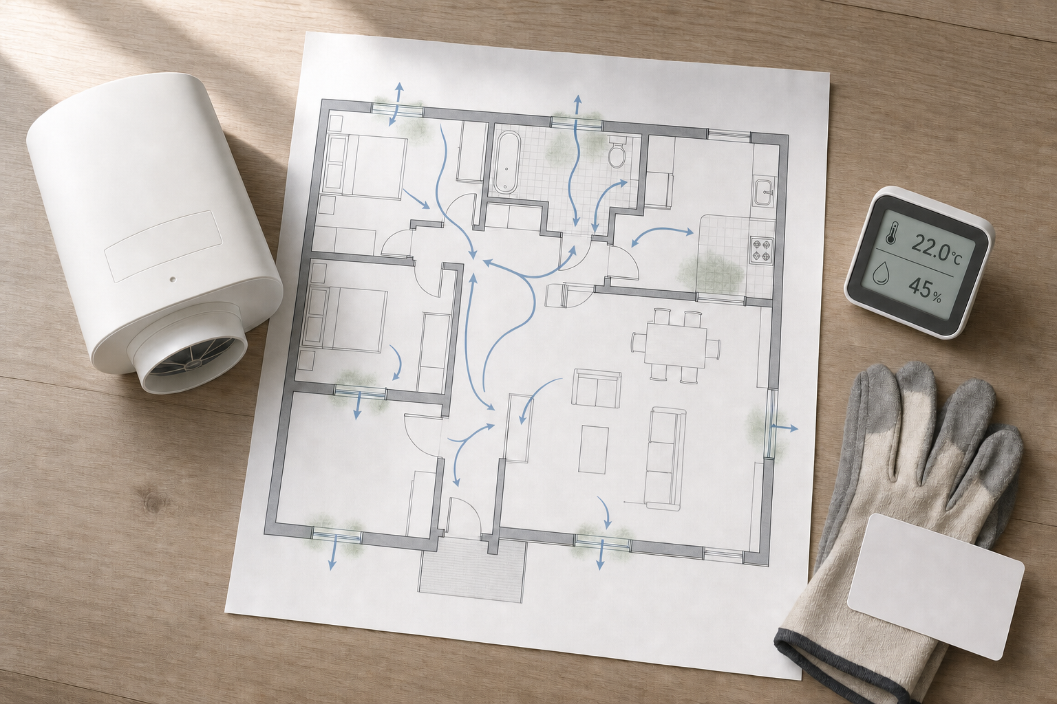 Floor plan with airflow paths, a ventilation device, climate monitor, and gloves on a wooden surface.