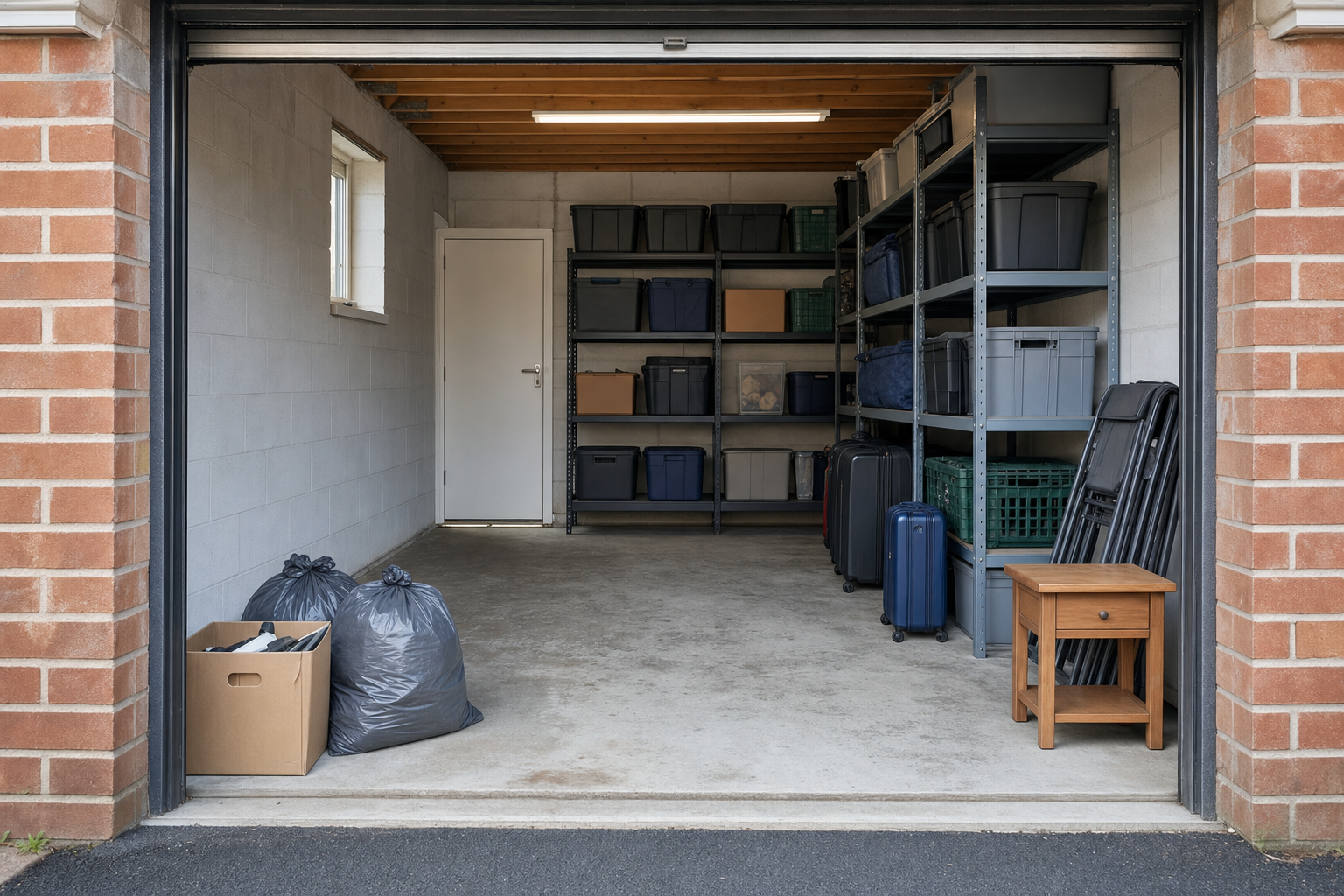 Organised garage interior with shelves of storage boxes, a small table, folded chairs, and rubbish bags near the entrance.
