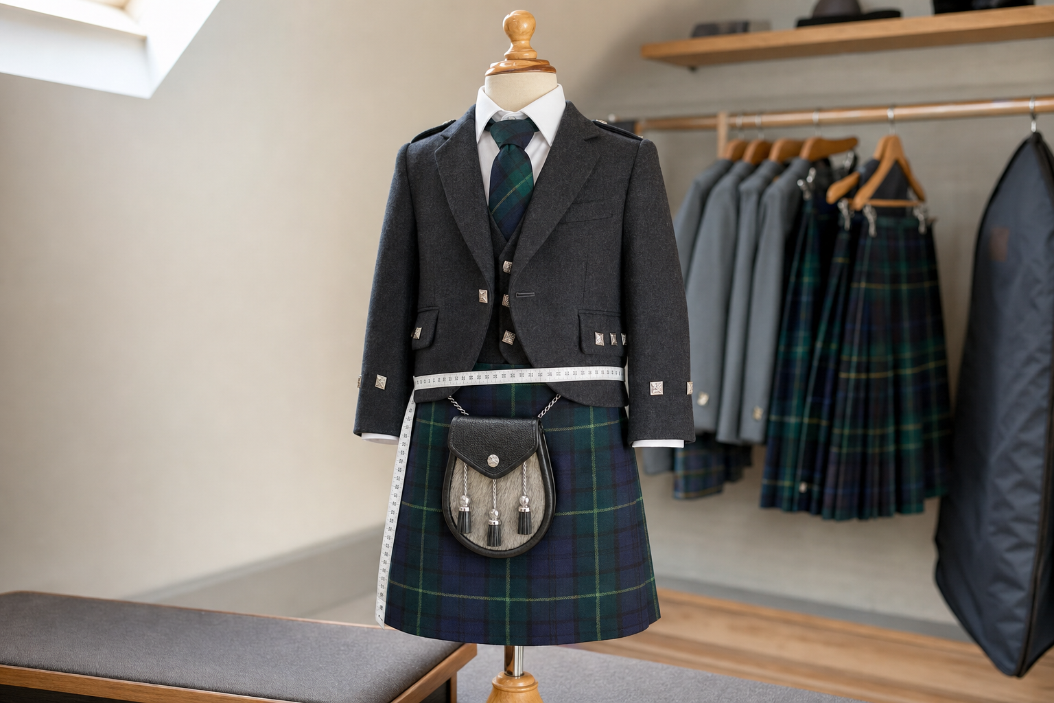 A child's traditional Scottish kilt outfit on a mannequin with tartan details and a sporran.