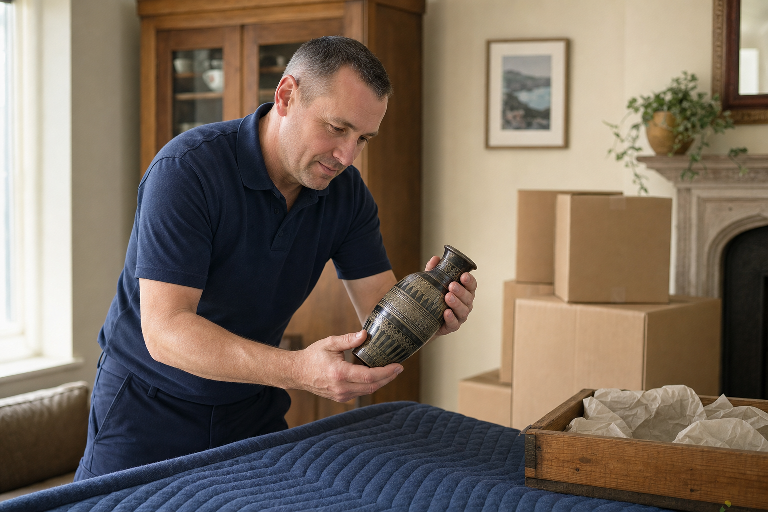 Man carefully packing a decorative vase on a cushioned surface amid cardboard boxes in a living room.