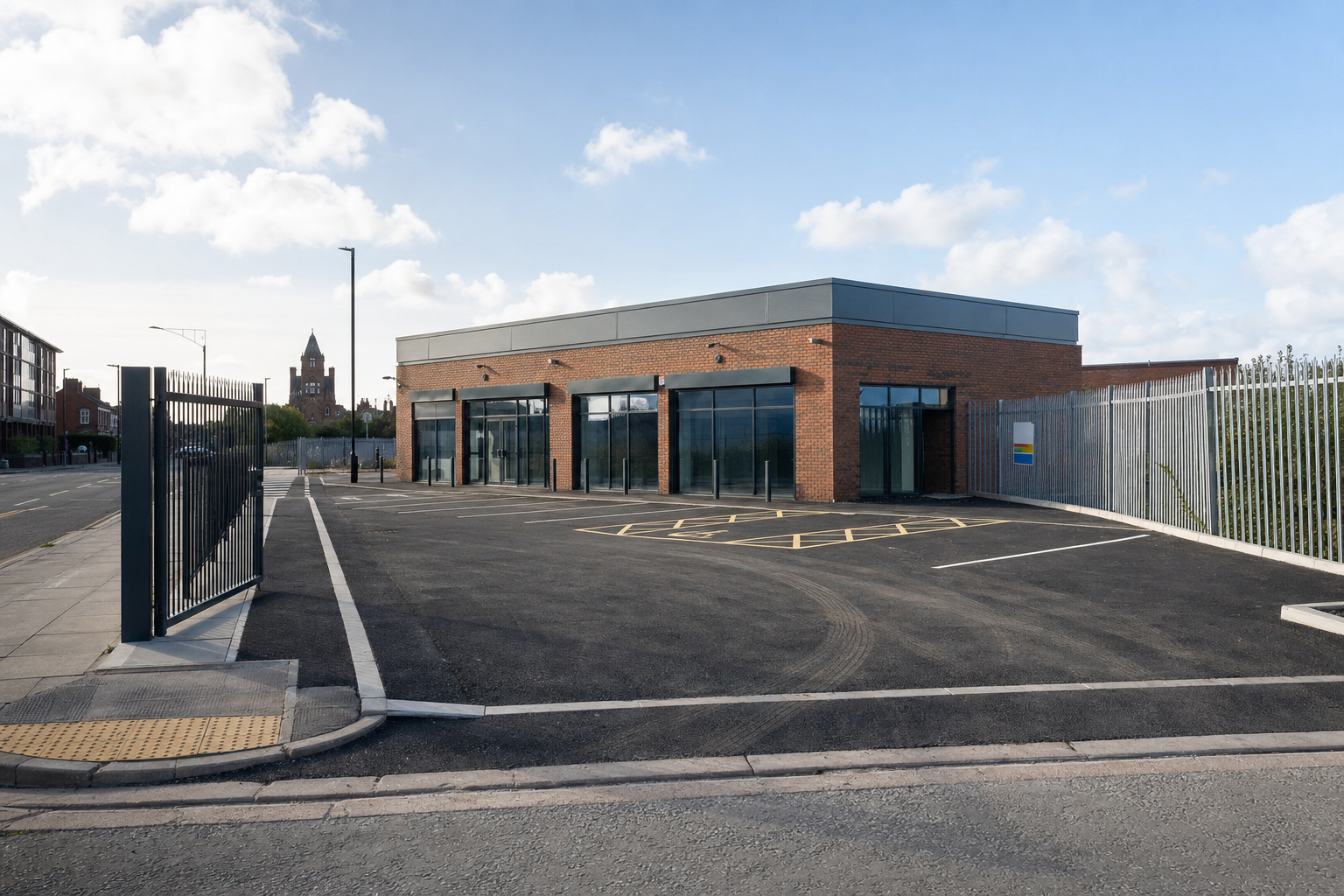 Modern brick building with large glass windows, surrounded by an empty car park and metal fencing under a clear blue sky.