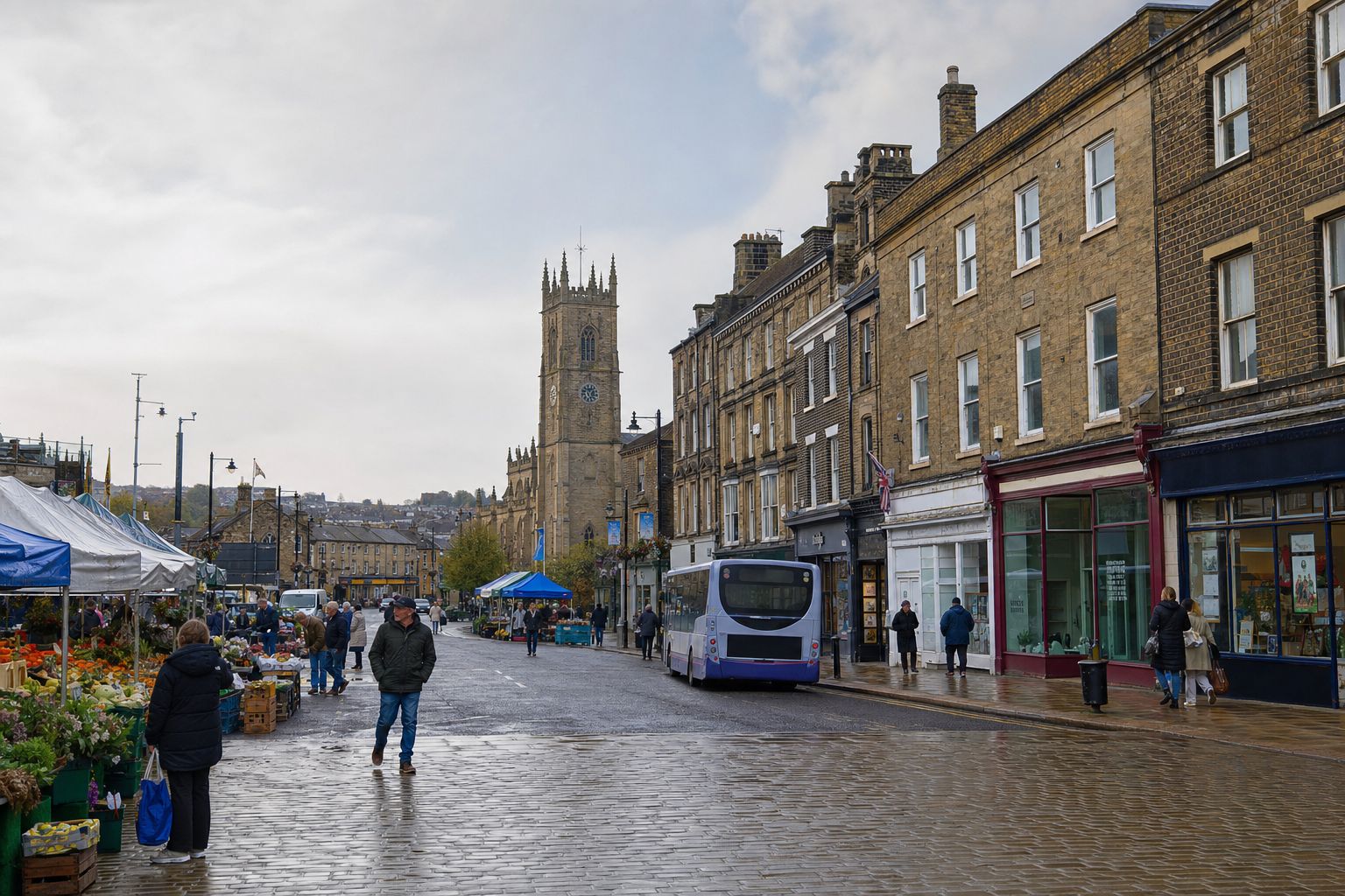 A bustling market street with stalls and people, flanked by historic stone buildings and a church tower.