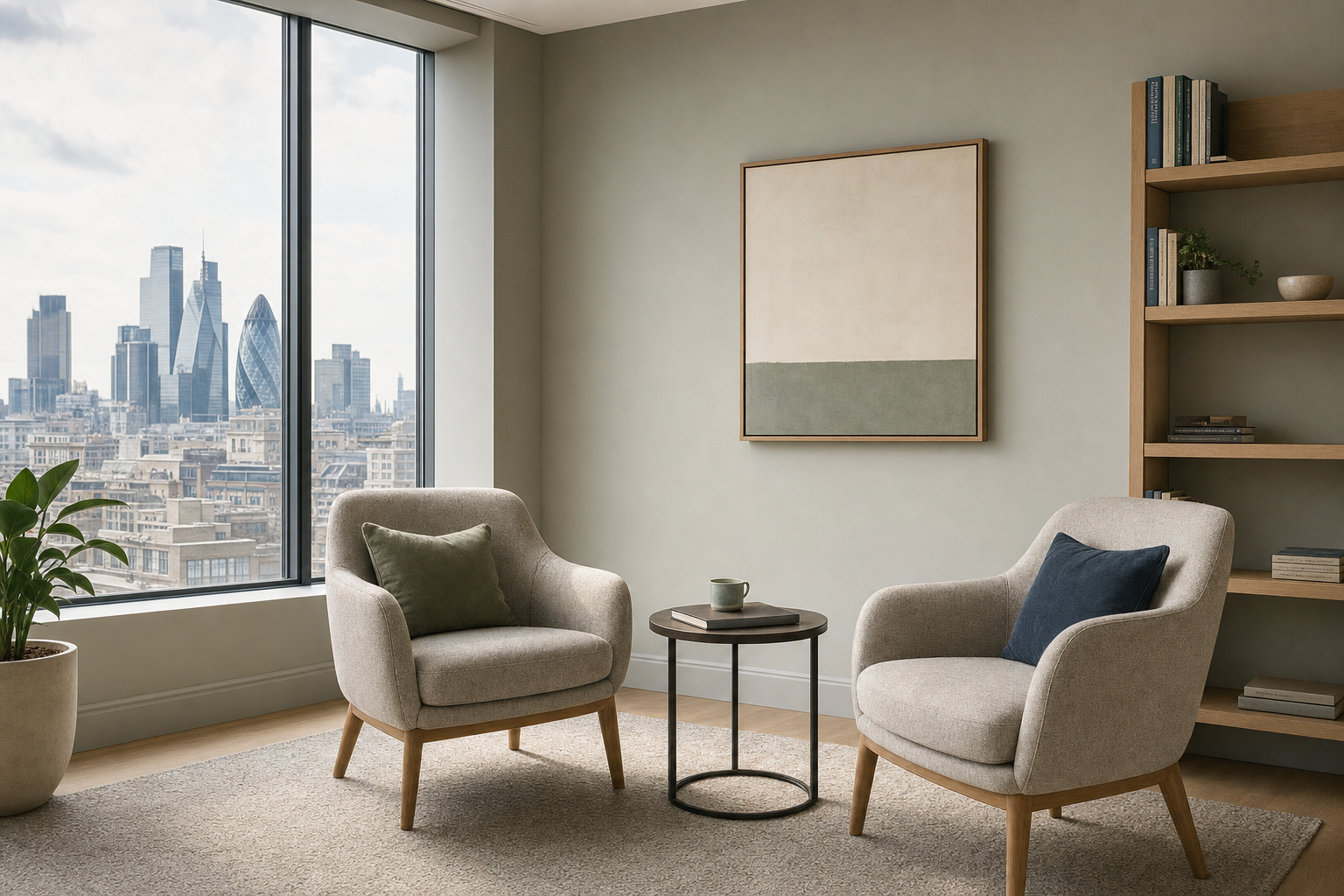 Two armchairs and a small table by a large window overlooking a cityscape, with a shelf and abstract art on the wall.