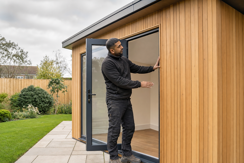 A man adjusts a sliding glass door on a wooden garden room, with a lawn and tree fence in the background.