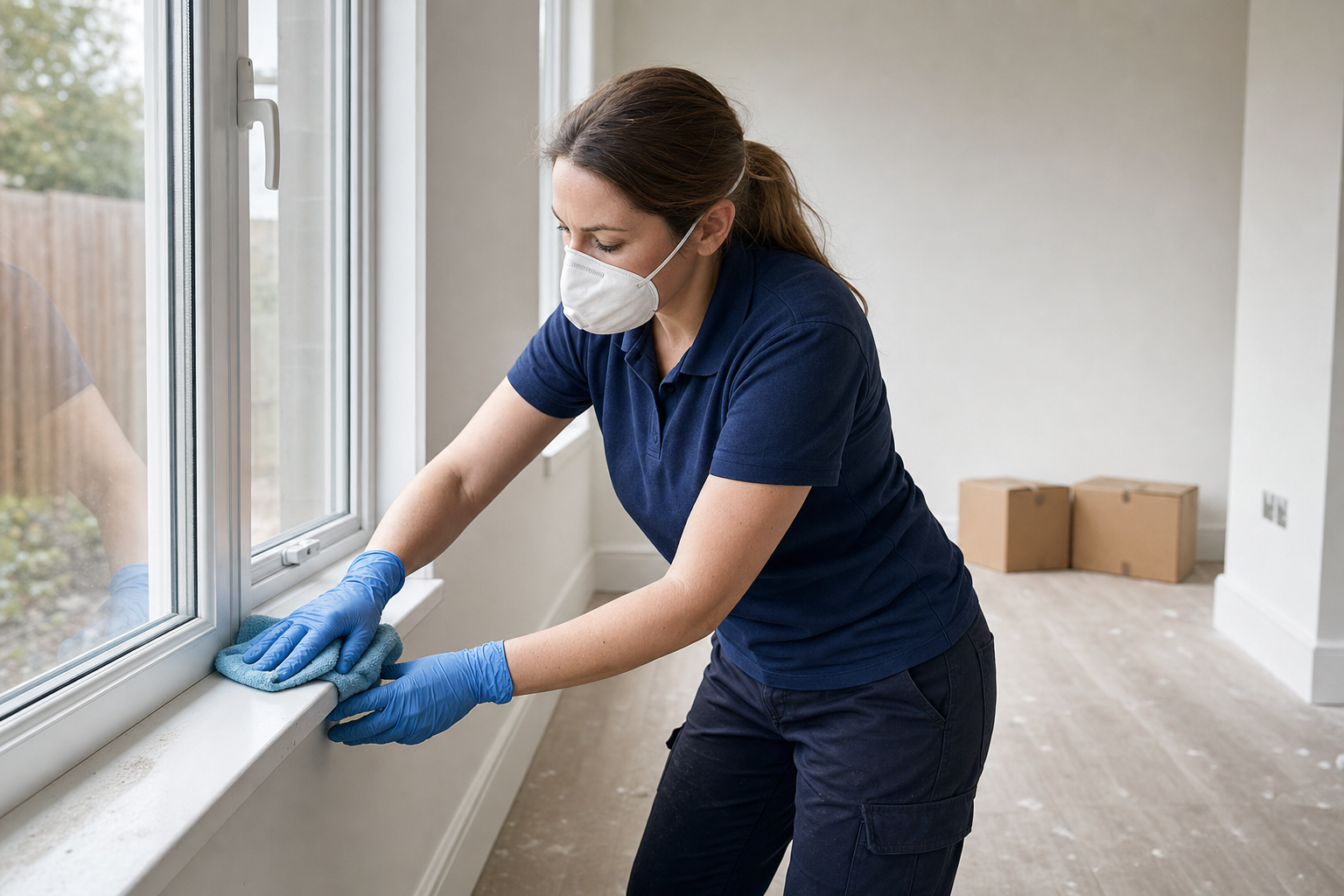 A woman wearing a face mask and gloves cleans a windowsill in a sparsely furnished room.