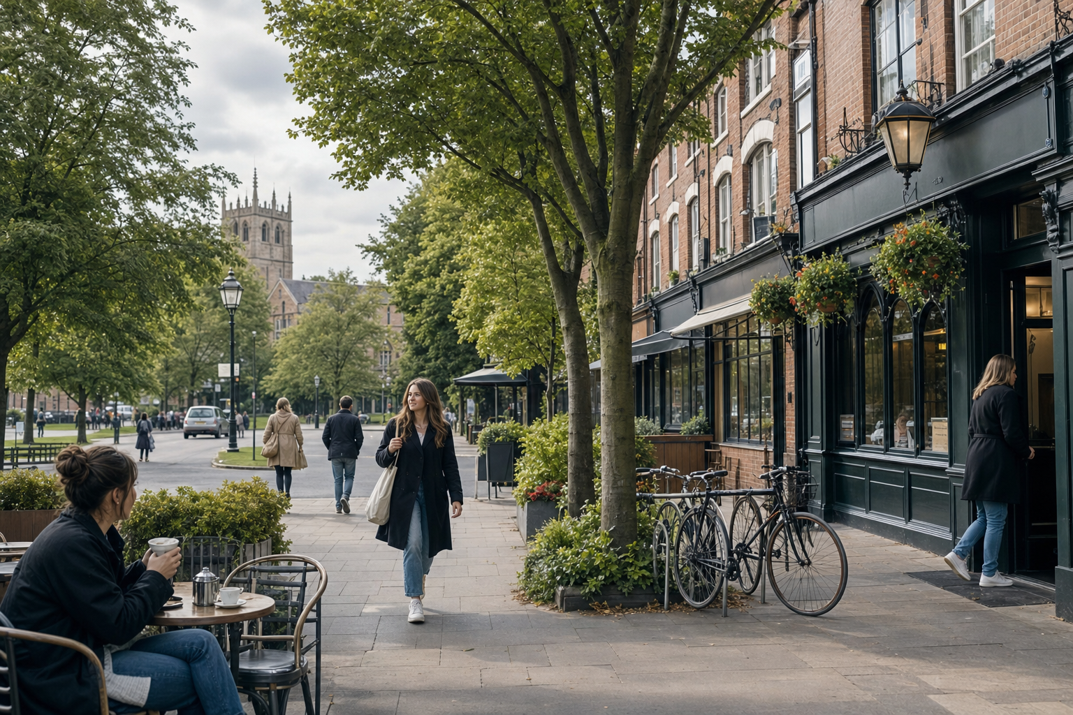 People walking and sitting at a café on a tree-lined street with a church tower in the background.