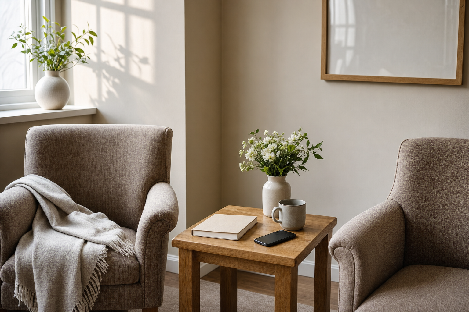 Cosy seating area with two armchairs, a wooden table, a vase of flowers, a mug, and a book.