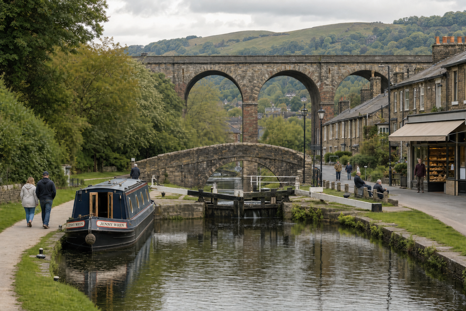Canal boat near a lock with a stone bridge and viaduct in the background, surrounded by a leafy path and terraced houses.