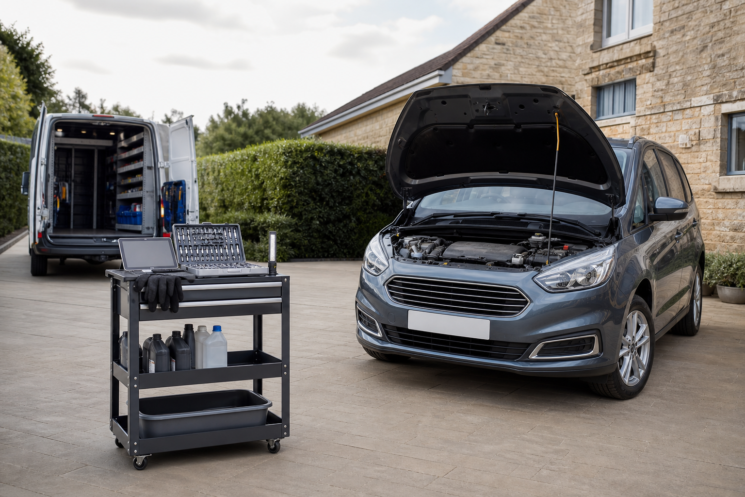 A car with a raised hood is parked next to a tool cart and a van with open doors in a driveway.
