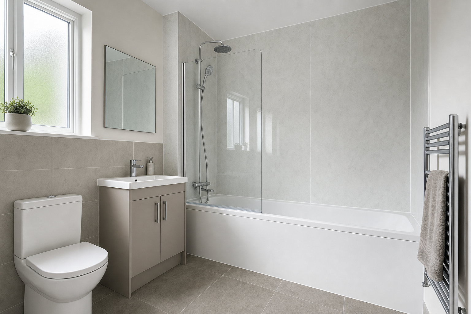 Modern bathroom with a bathtub, shower, vanity, toilet, and heated towel rail, featuring neutral tones and natural light.