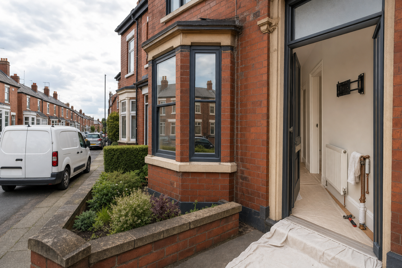 A row of red brick terraced houses with a partially open front door, tools visible inside, and a white van parked nearby.