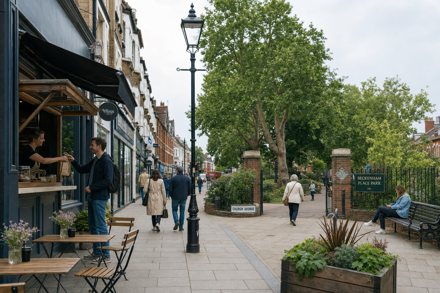 A man receives a takeaway from a café window on a bustling street with a nearby entrance to Beckenham Place Park.