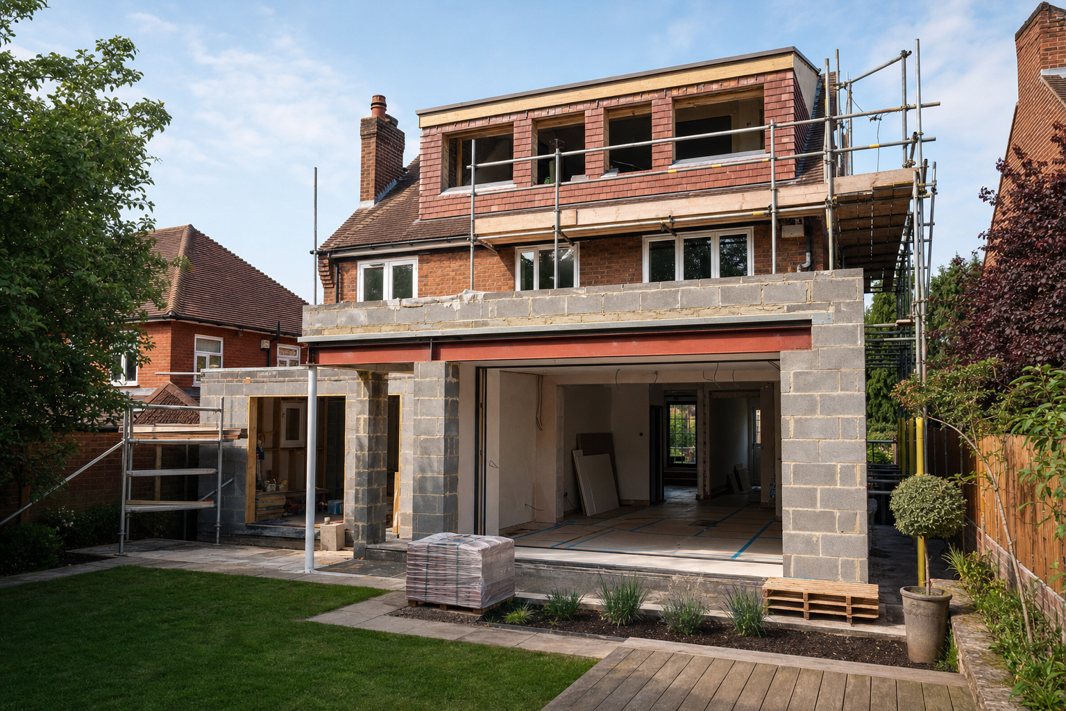 A house under construction with scaffolding and an extension being built in the garden.