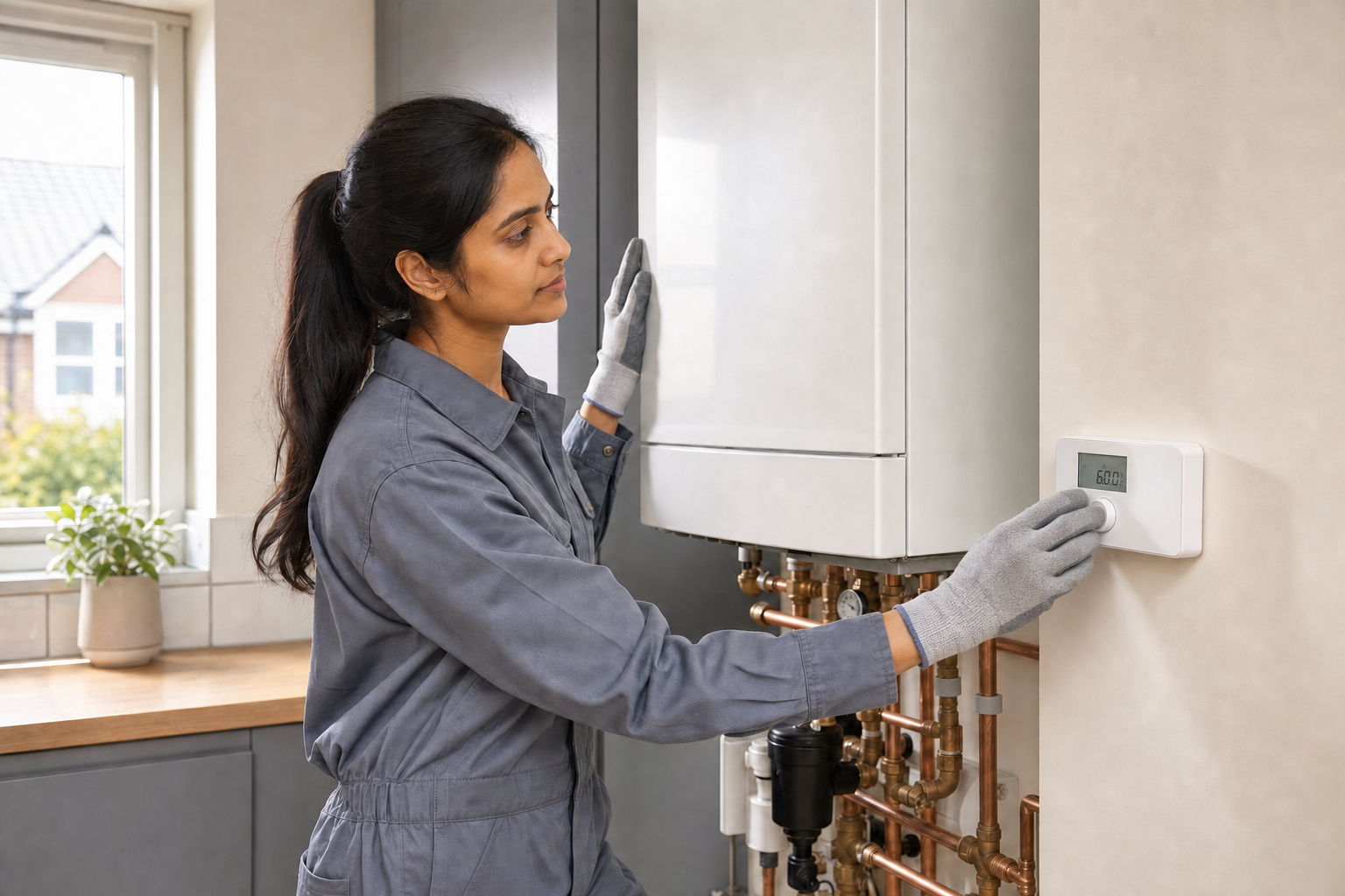 A woman in overalls adjusts the thermostat on a home boiler system.