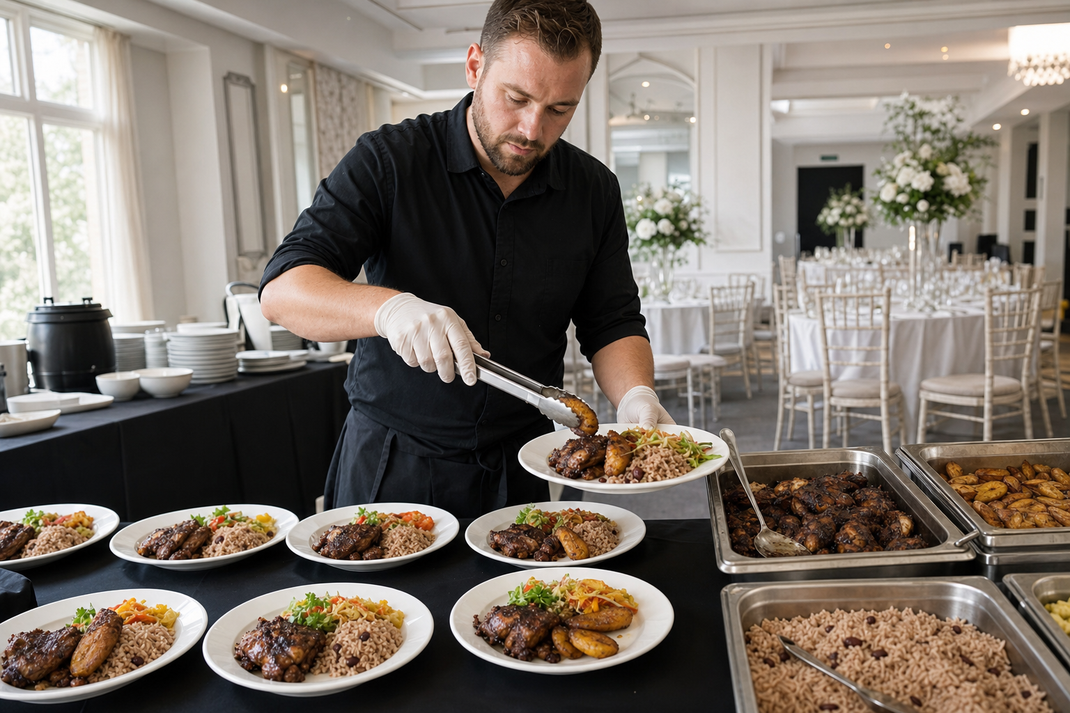 A chef wearing gloves prepares plates of rice and chicken in an elegantly decorated dining room.