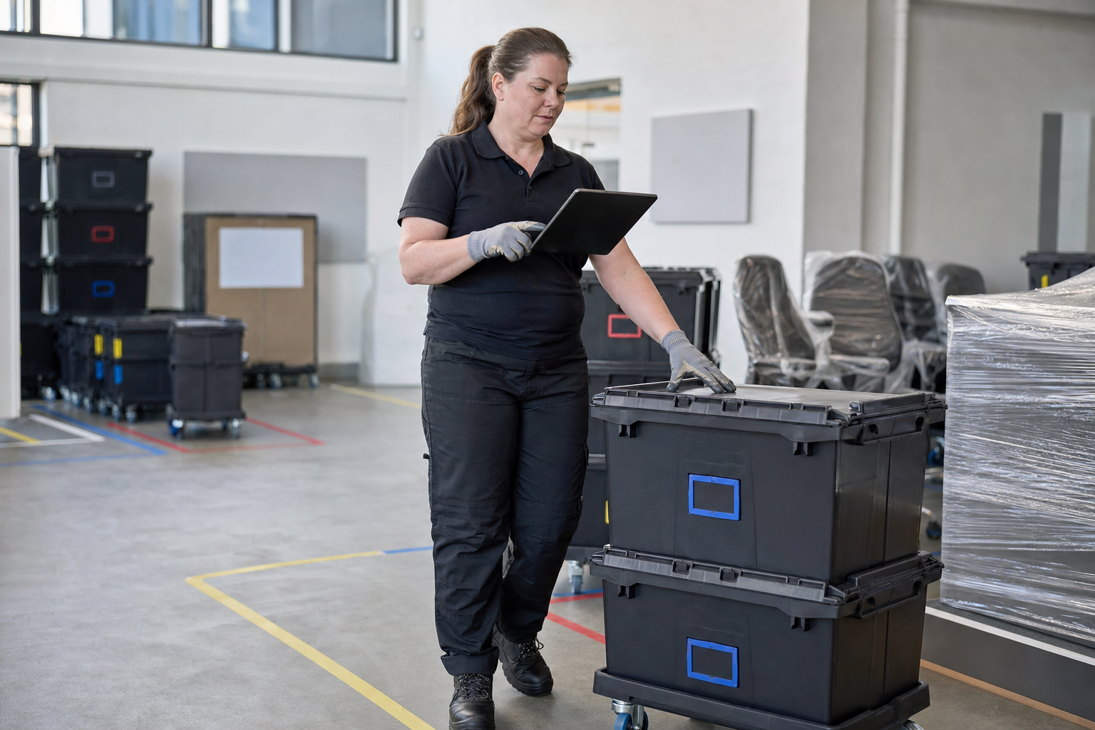 A woman in a warehouse uniform using a tablet while inspecting stacked storage crates on wheels.