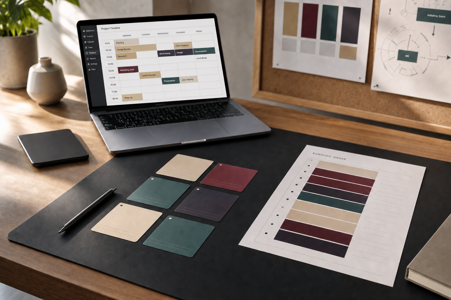 A desk with a laptop displaying a project timeline and various colour swatches alongside a running order chart.