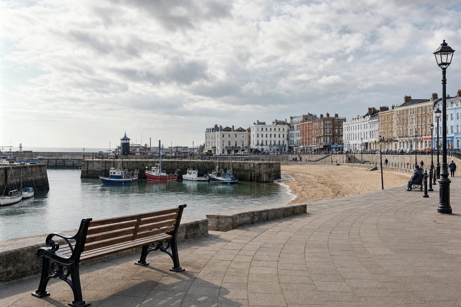 A coastal promenade with boats in the harbour, historic buildings, a bench, and street lamps under a cloudy sky.