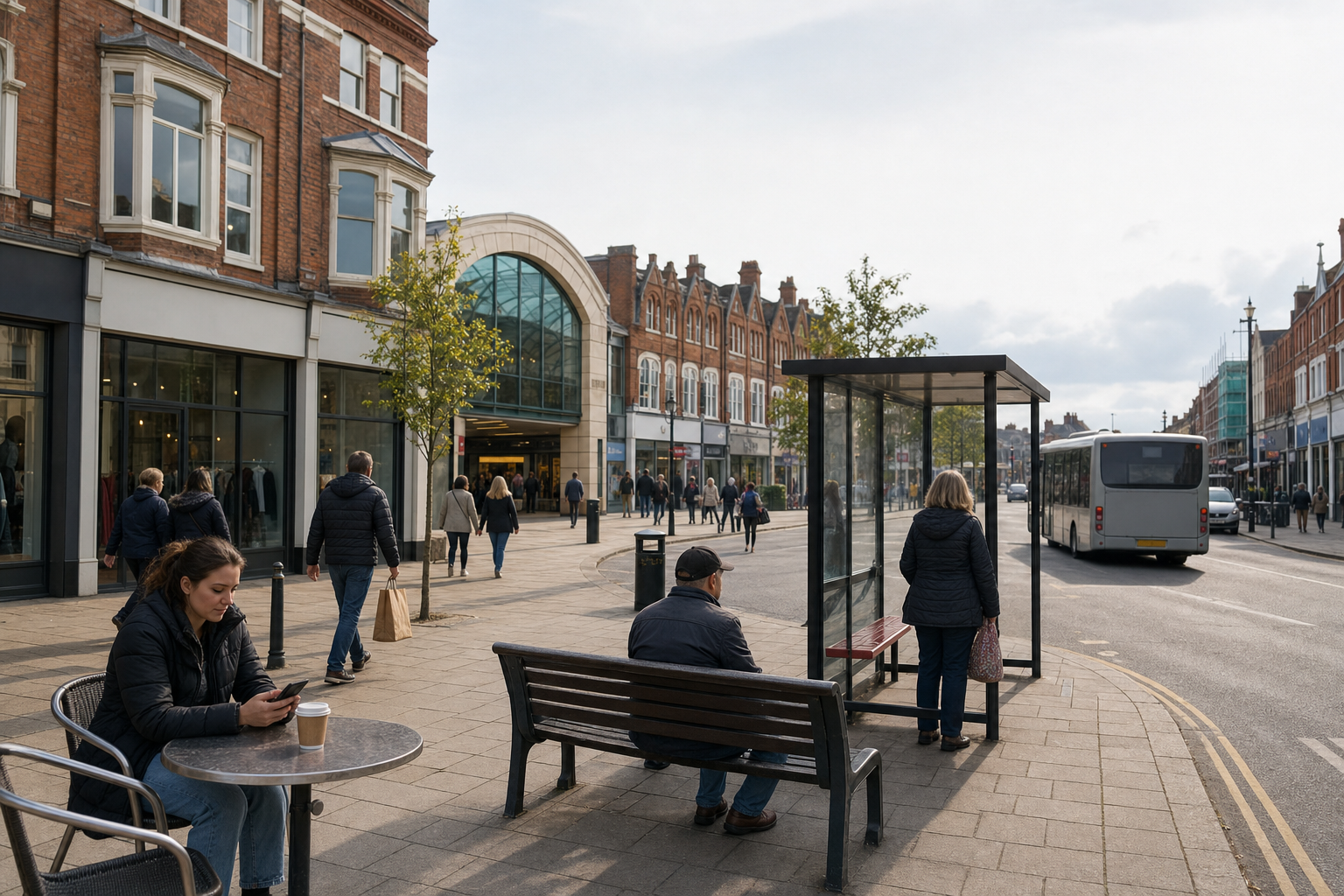 People walking and sitting in a bustling city street with shops and a bus stop on a cloudy day.
