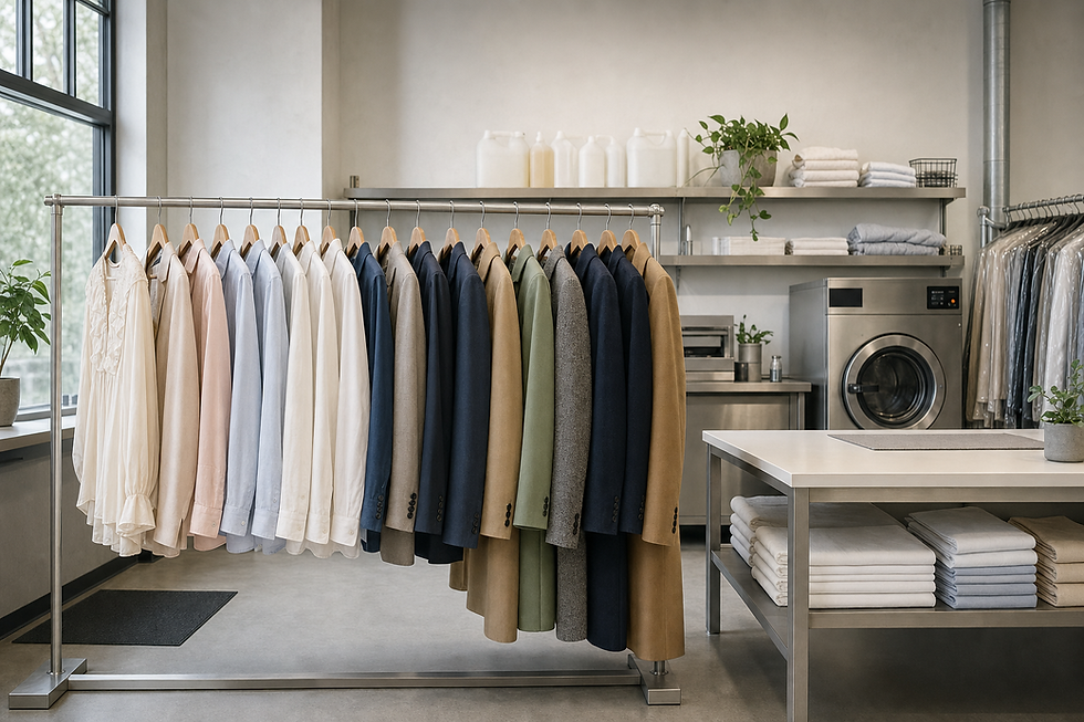 A row of neatly hung shirts and jackets in a modern laundry shop with a washing machine and folded towels nearby.