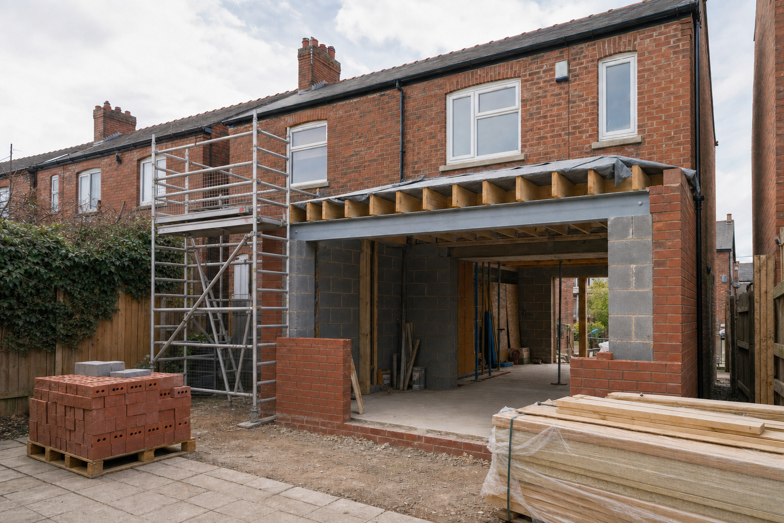 A brick house under construction with scaffolding and building materials in the yard.