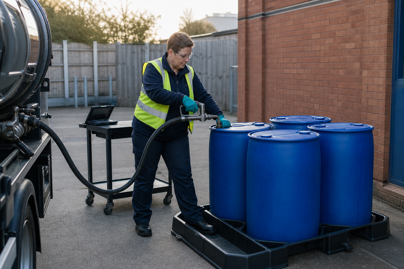 Worker in safety gear filling blue barrels with a hose outdoors.