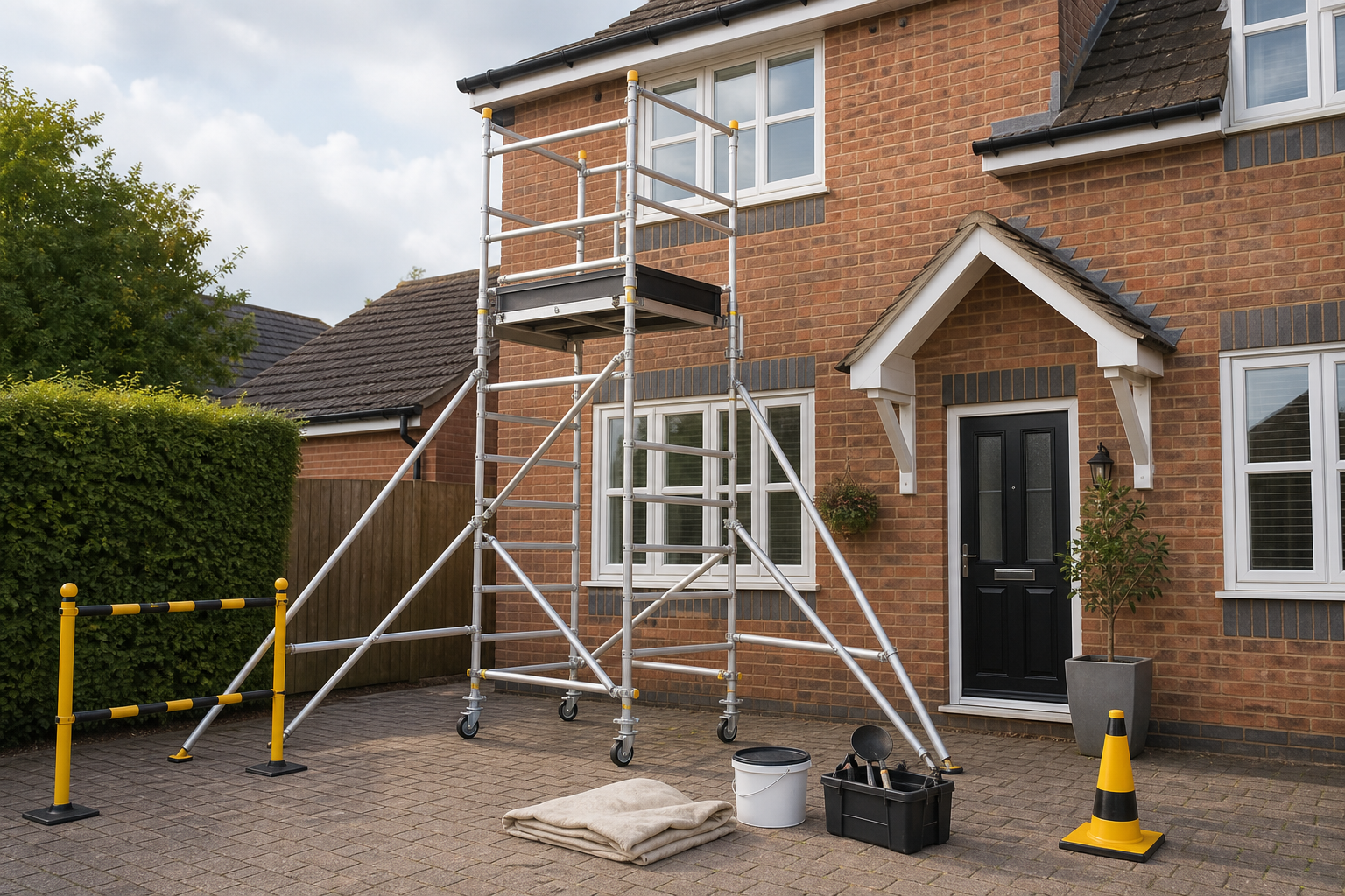 Scaffolding set up outside a brick house with tools and safety cone on the ground.