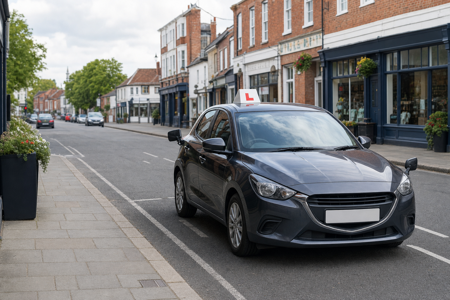 A learner car parked on a quaint British street with historic brick buildings.