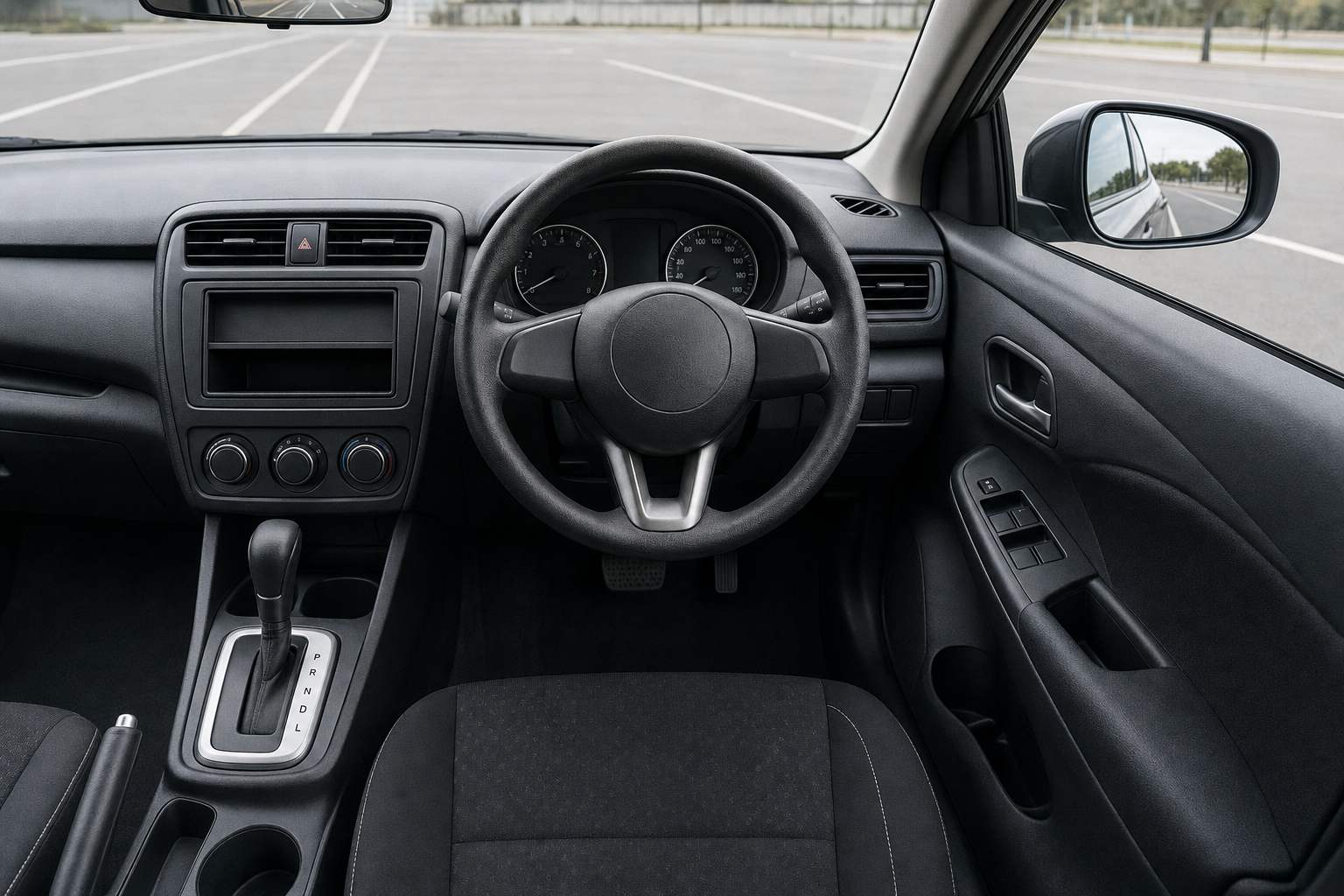 Interior of a right-hand drive car focusing on the steering wheel, dashboard, and automatic gear shift.