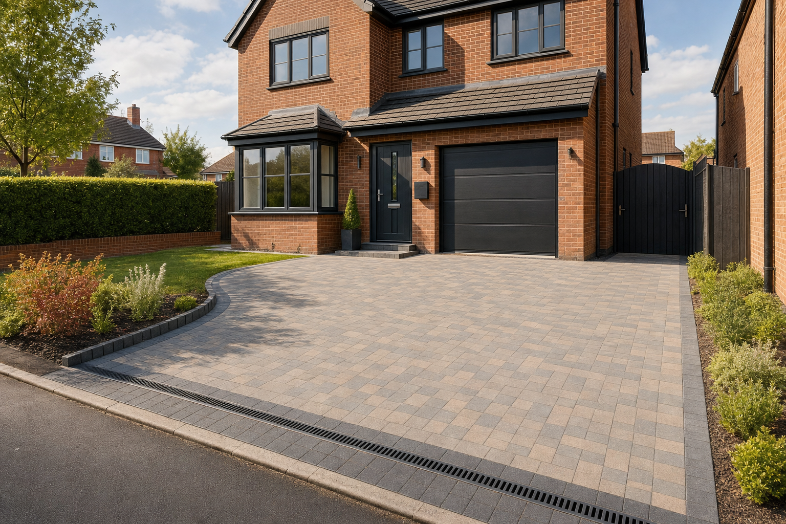 A modern brick house with a well-maintained block paved driveway and neatly trimmed hedges.