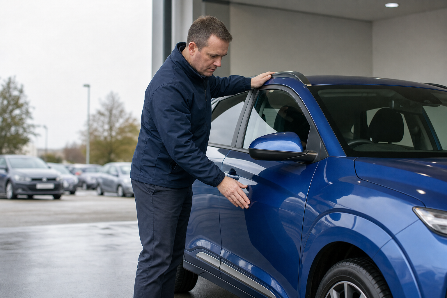 Man inspecting a blue car in an outdoor showroom area on a wet day.