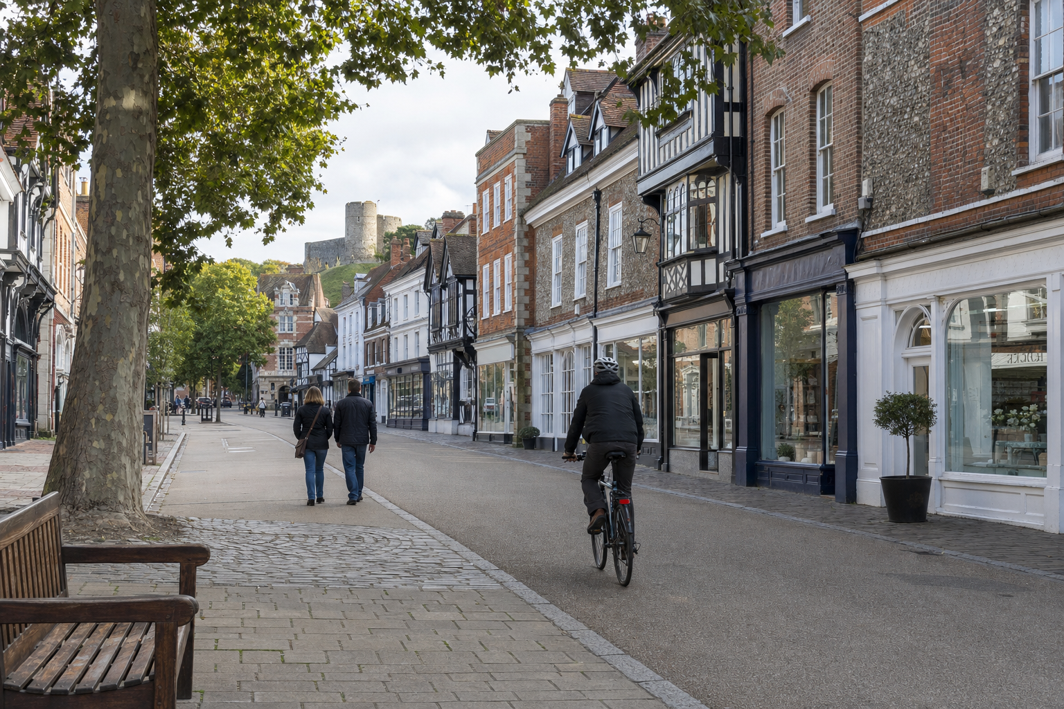 A cyclist and two pedestrians on a historic street with timber-framed buildings and a castle in the background.