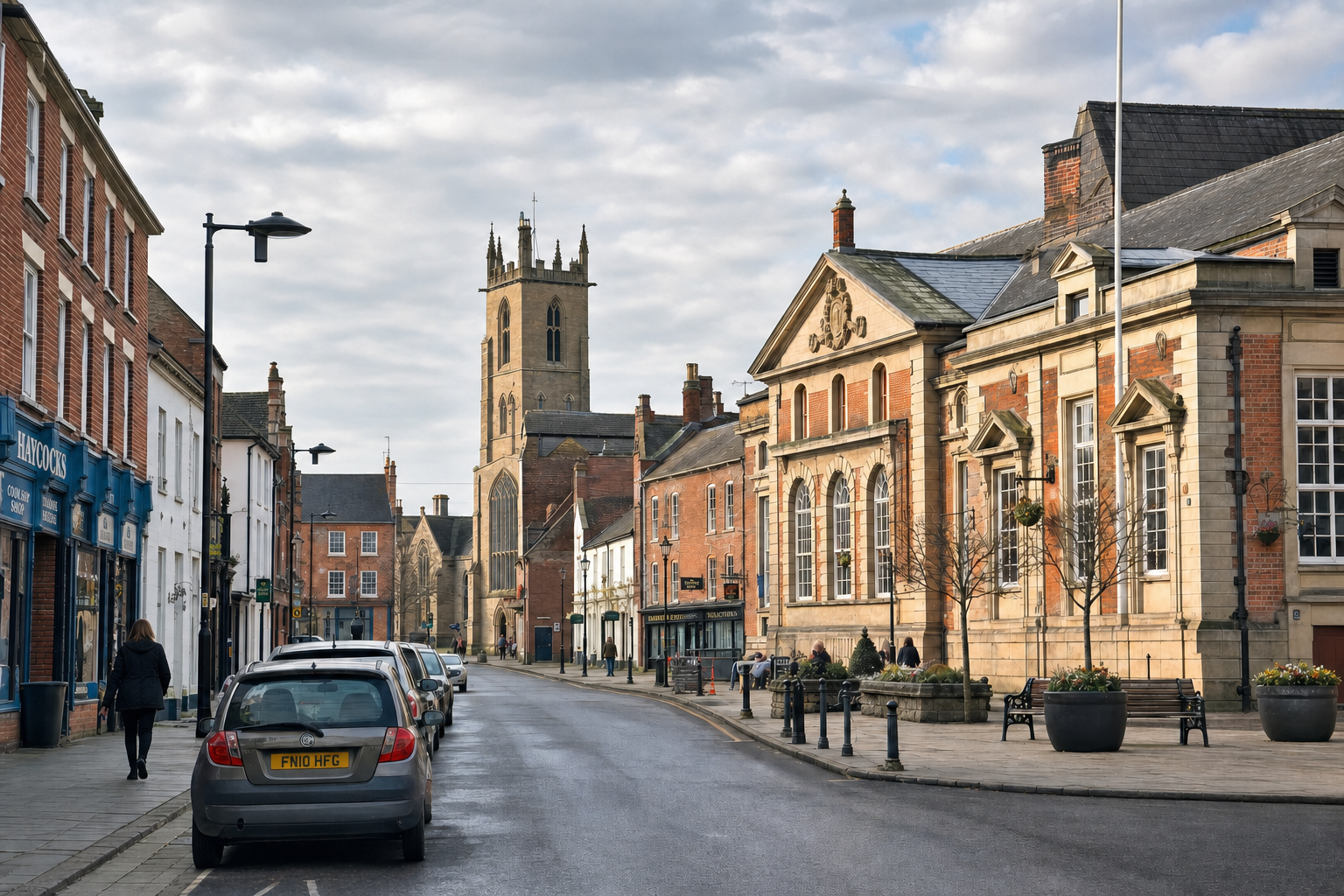 Quaint English town street with parked cars, a historic church tower, and brick buildings under a cloudy sky.