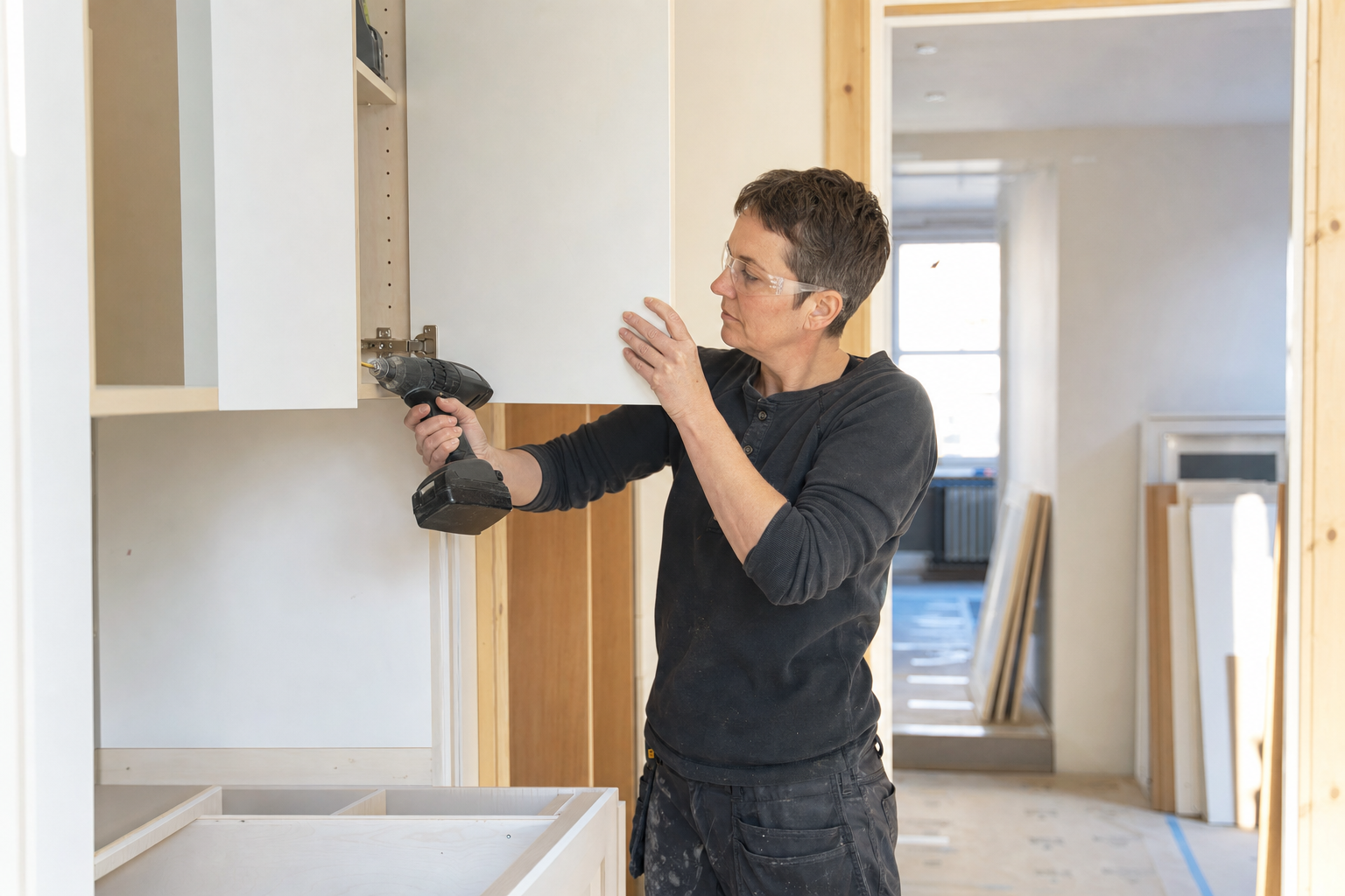 A person wearing safety goggles is using a drill to install a kitchen cabinet in a home renovation.