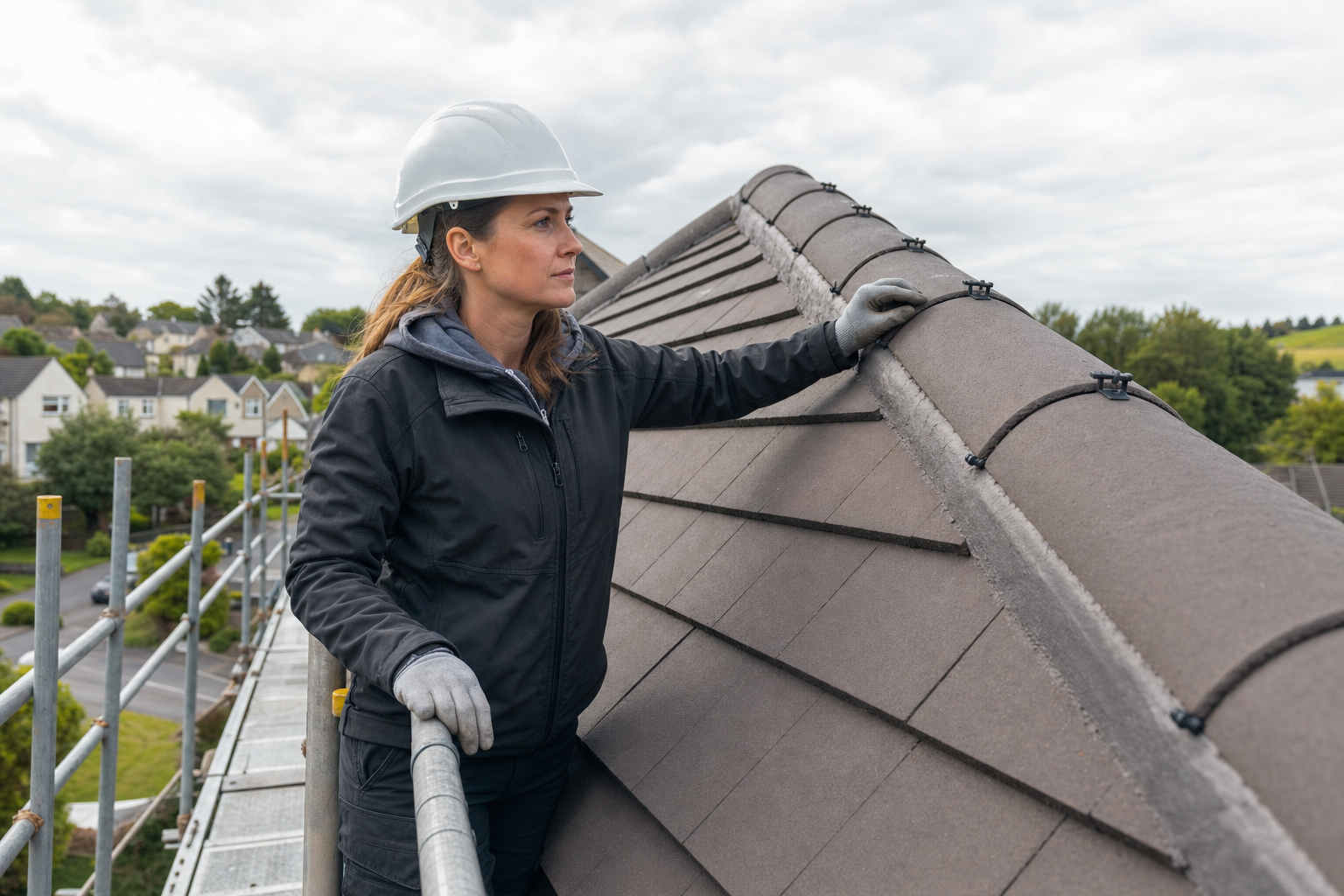 A construction worker in a hard hat inspects a tiled roof on scaffolding overlooking a residential area.