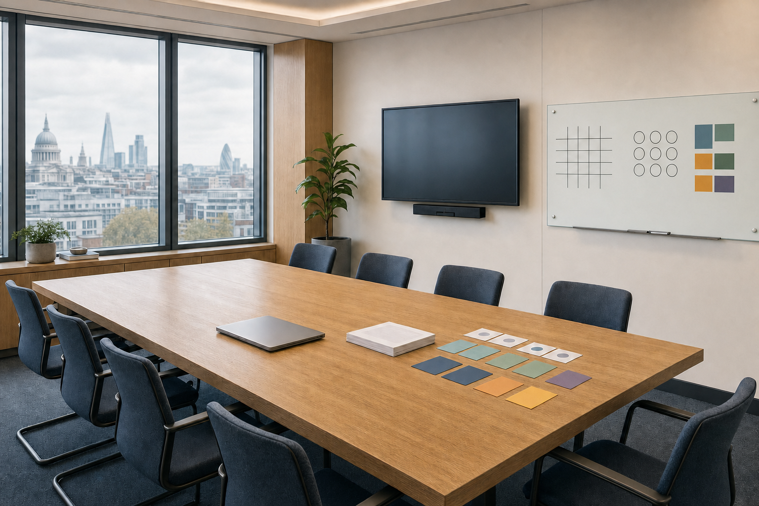 A modern conference room with a large wooden table, overlooking the London skyline through a big window.
