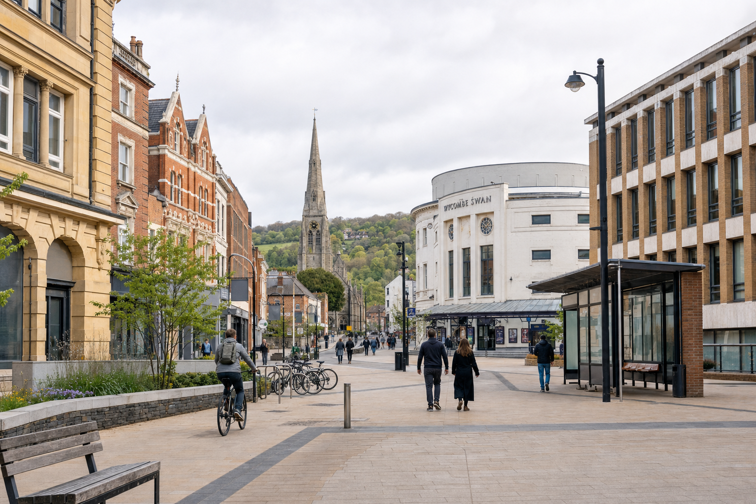 Pedestrian street with cyclists and people walking near historic buildings and a theatre, with a church spire in the background.