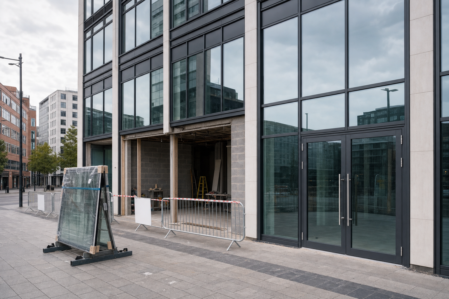Modern office building under construction with glass panels and scaffolding visible.